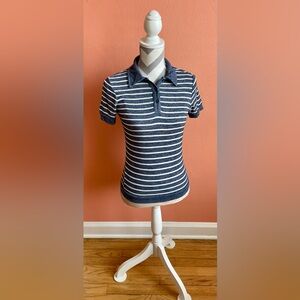 Topshop Navy and White Striped Polo Shirt